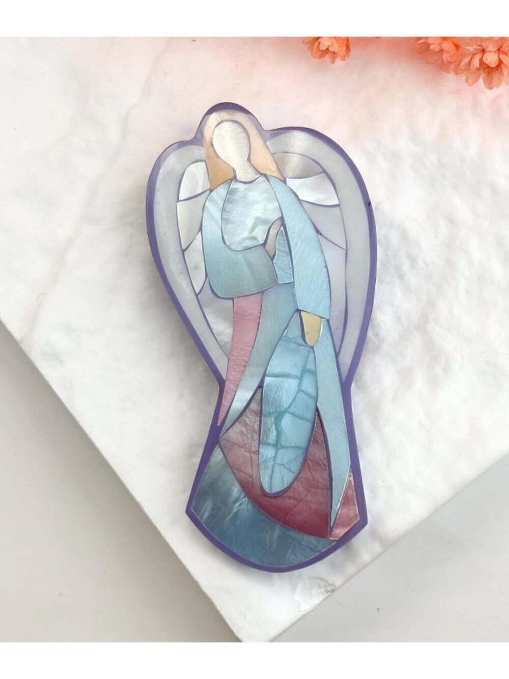 Mother of Pearl Inlay Angel Figural Vintage Costume Jewelry Brooch | Lapel Pin
